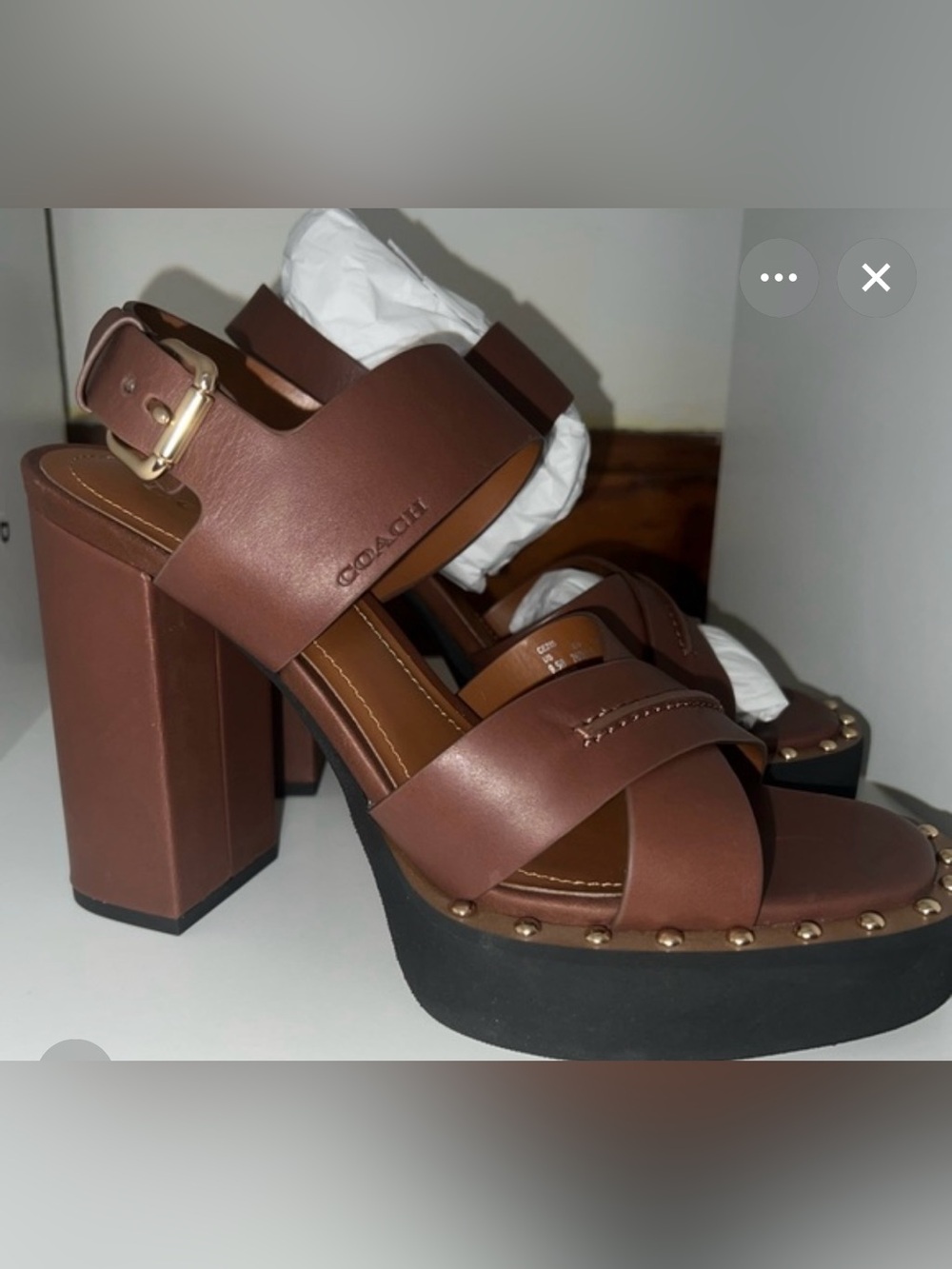Coach Chestnut Brown Leather Platform Sandals with Stud Accents